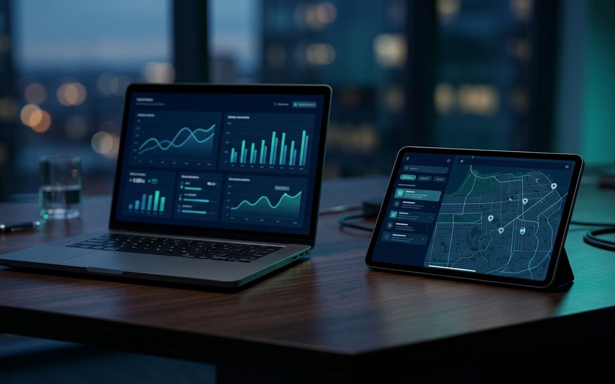 Marketing campaign dashboards and local search results on a desk